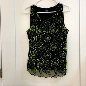 Tribal sleeveless top. Black with bright green floral detail. Size M